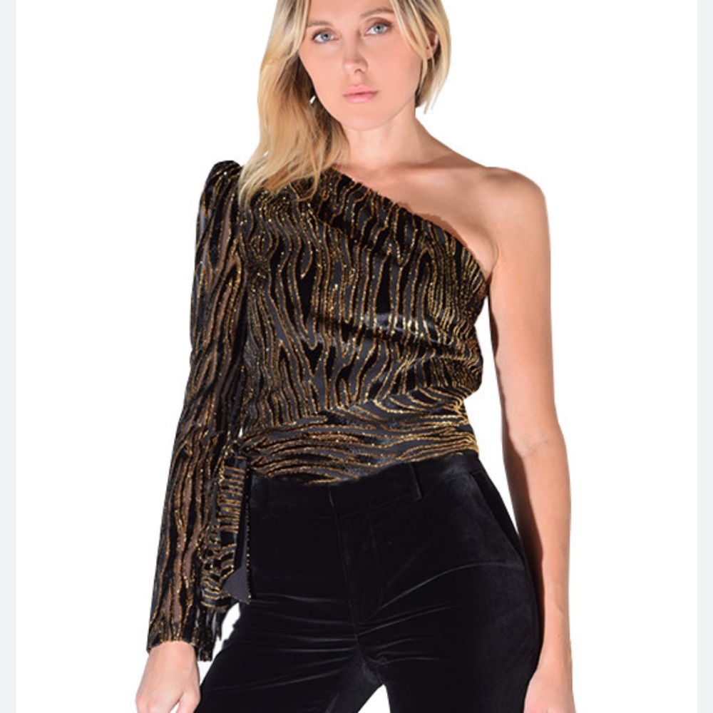 Rachel Zoe Parish One-Shoulder Black and Gold Metallic Tie-Waist Top
